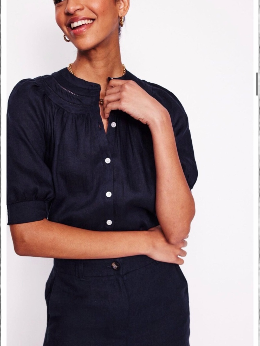 BODEN Size M Kinen  Navy Button-Front Short-Sleeve Blouse